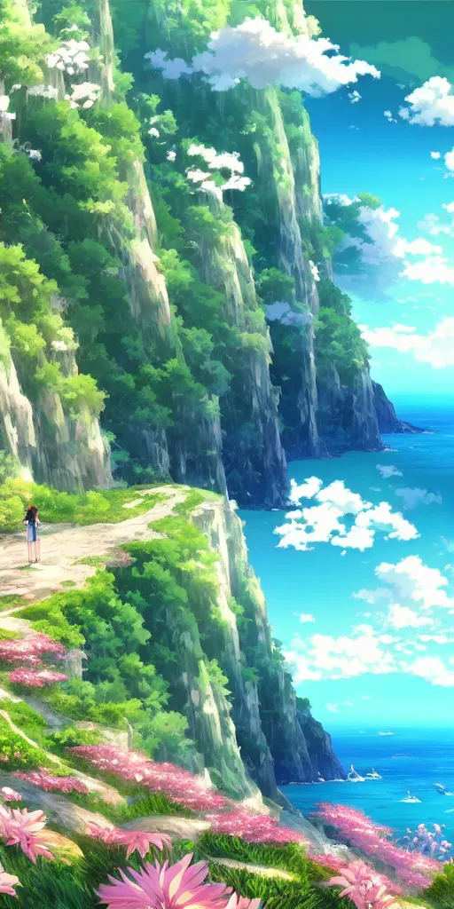 Prompt: A beautiful anime illustration of an ocean coast, cliffs, wildflowers, breathtaking clouds, wide angle, by wu daozi, qiu ying, tang yin, very detailed, deviantart, 4k vertical wallpaper, tropical, colorful, airy, anime illustration, anime nature wallpap
