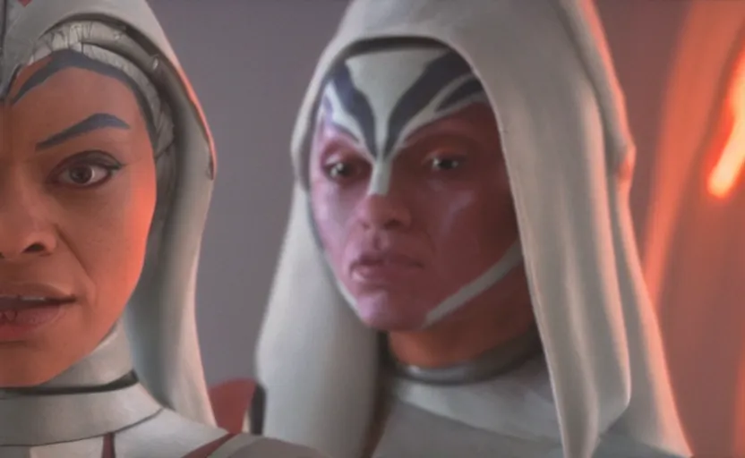 Image similar to cinematic still image wide shot screenshot portrait of ahsoka tano played by rosario dawson, scene from 1 9 8 0 s empire strikes back, 7 0 mm imax, moody iconic scene, beautiful detailed scene, kodak, directed by kubrick