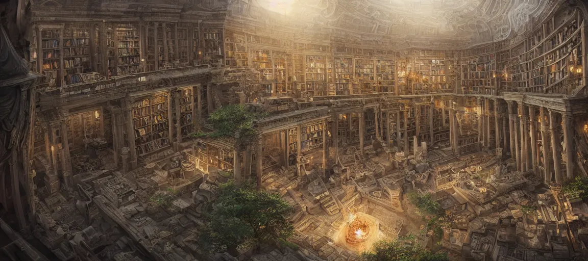 Prompt: hyper realistic detailed matte painting of legendary library of alexandria, hyperdetailed unreal engine 4 k 8 k ultra hd, stanley artgerm lau, wlop, rossdraws, james jean marc simonetti ruan jia and mandy jurgens and artgerm and william - adolphe bouguerea sakimichan, yuru camp, illustration, digital art, concept art