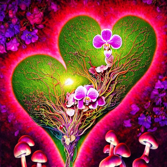 Image similar to extremely psychedelic organic human heart made of orchid and cherry blossom tree and mushroom, LSD, diffuse lighting, fantasy, intricate, elegant, highly detailed, lifelike, photorealistic, digital painting, artstation, illustration, concept art, smooth, sharp focus, art by John Collier and Albert Aublet and Krenz Cushart and Artem Demura and Alphonse Mucha