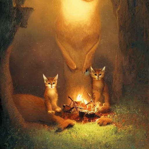 Image similar to three cute caracals wearing red bows, campfire, night, atmospheric lighting, intricate, volumetric lighting, digital art, highly detailed by gaston bussiere, craig mullins, j. c. leyendecker 8 k