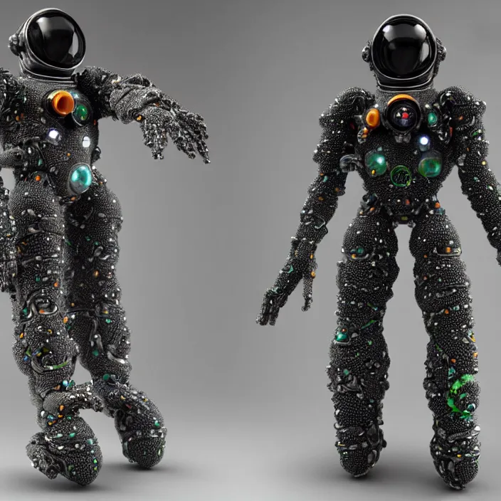 Image similar to a cybernetic symbiosis of a single astronaut mech-organic eva suit made of pearlescent wearing anodized thread knitted shiny ceramic multi colored yarn thread infected with kevlar,ferrofluid drips,carbon fiber,ceramic cracks,gaseous blob materials and diamond 3d fractal lace iridescent bubble 3d skin dotted covered with orb stalks of insectoid compound eye camera lenses orbs floats through the living room, film still from the movie directed by Denis Villeneuve with art direction by Salvador Dalí, wide lens,