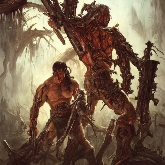 Image similar to The evil dead, manowar album cover, Muscular man, chainsaw attached to hand, short double barrel shotgun. dead demons, blood, artstation, concept art, smooth, sharp focus, highly detailed, illustration, art by artgerm and greg rutkowski and alphonse mucha