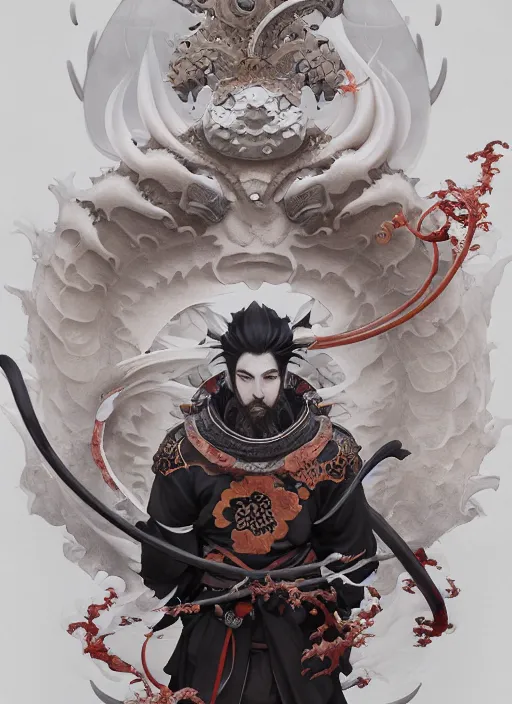 Image similar to subsurface scattering, white, koi, samurai deity with koi armor, art nouveau swirls, epic lighting, octane render, by jesper ejsing, james jean, justin gerard, tomasz alen kopera, cgsociety and fenghua zhong, highly detailed, rim light, art, very coherent, cinematic, hyper realism, high detail, 8 k