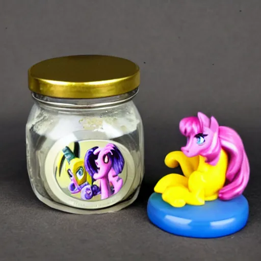 Image similar to a my little pony figure in a jar covered in a mysterious sticky yellowish fluid