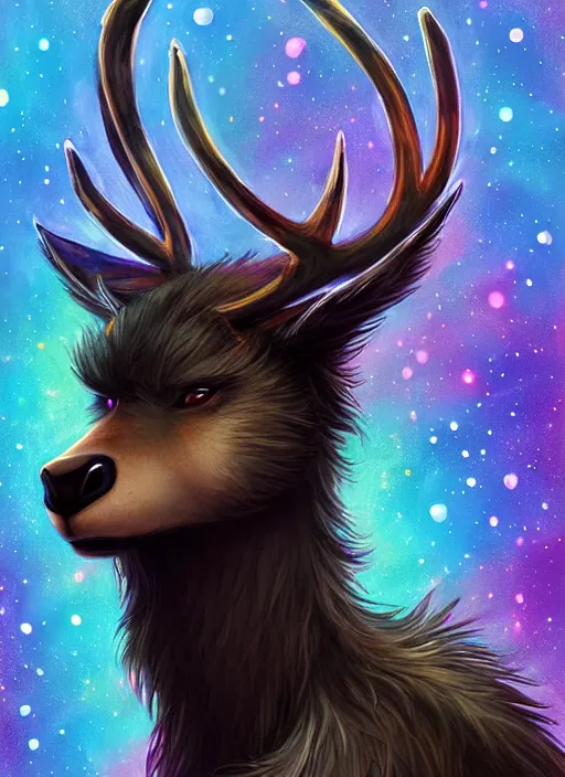 Prompt: award winning beautiful portrait commission of a male furry anthro Black Reindeer fursona with a tail, wings and a cute beautiful attractive detailed furry face wearing stylish black and rainbow galaxy clothes in a outerspace city at night while it rains. Character design by charlie bowater, ross tran, artgerm, and makoto shinkai, detailed, inked, western comic book art