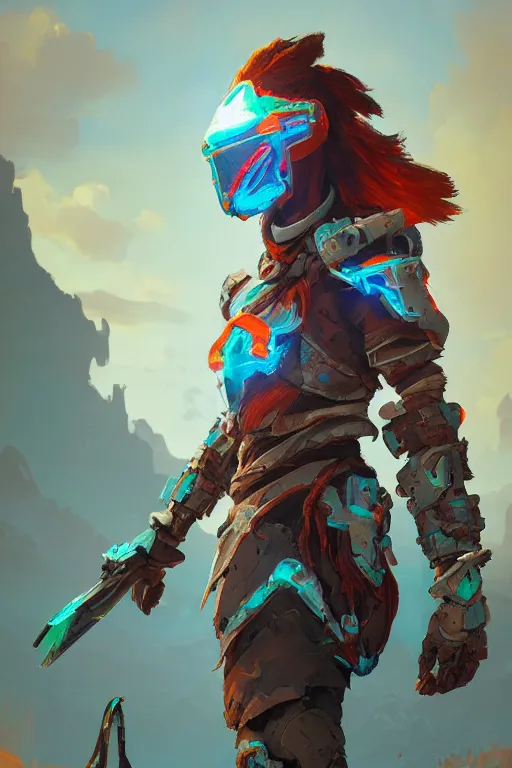 Image similar to combination suit armor aloy horizon forbidden west horizon zero dawn radiating a glowing aura global illumination ray tracing hdr fanart arstation by ian pesty and alena aenami artworks in 4 k tribal robot ninja mask helmet backpack