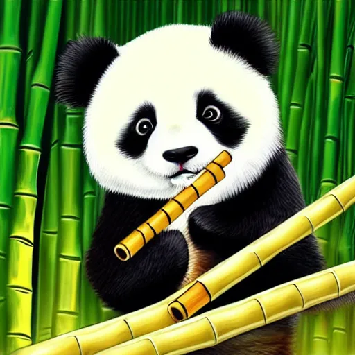 Image similar to a cute panda playing the wooden flute, in a bamboo forest. Digital art trending on art station
