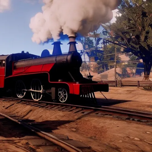 Image similar to futuristic sleek steam locomotive in red dead redemption 2