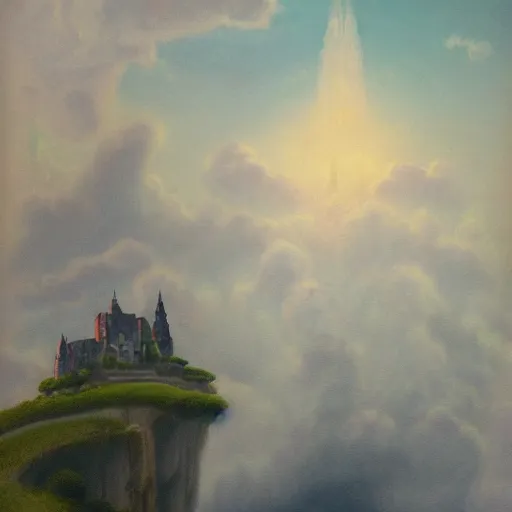 Image similar to Castle in the clouds, celestial light, divine, in the style of Wylie Beckert