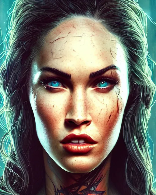 Image similar to highly detailed vfx portrait of megan fox as venom, stephen bliss, unreal engine, greg rutkowski, loish, rhads, beeple, makoto shinkai and lois van baarle, ilya kuvshinov, rossdraws, tom bagshaw, alphonse mucha, global illumination, detailed and intricate environment