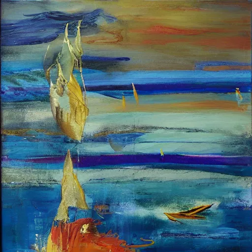 Image similar to a painting of a sailboat floating on a body of water, an abstract painting by ted degrazia, reddit contest winner, lyrical abstraction, mixed media, acrylic art, gold leaf, oil on canvas