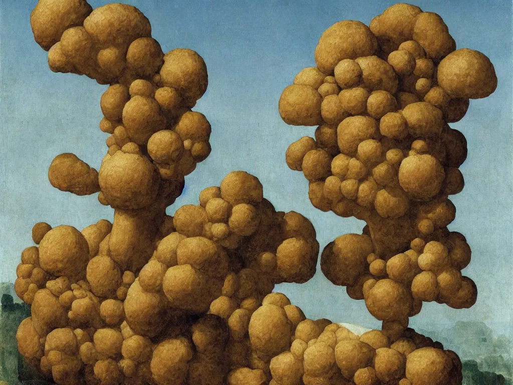 Image similar to fluffy, giant diaphanous fungi mold raising out of an old bread. painting by zurbaran, max ernst, agnes pelton, rene magritte, walton ford