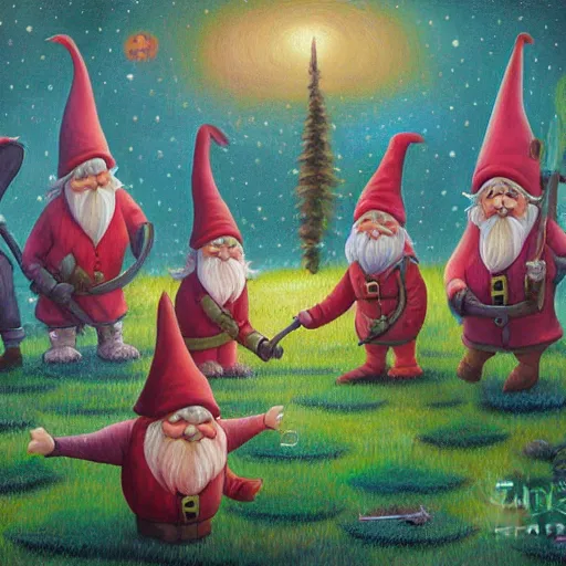 Image similar to gnome party before sunrise, a detailed painting by Meno Mühlig