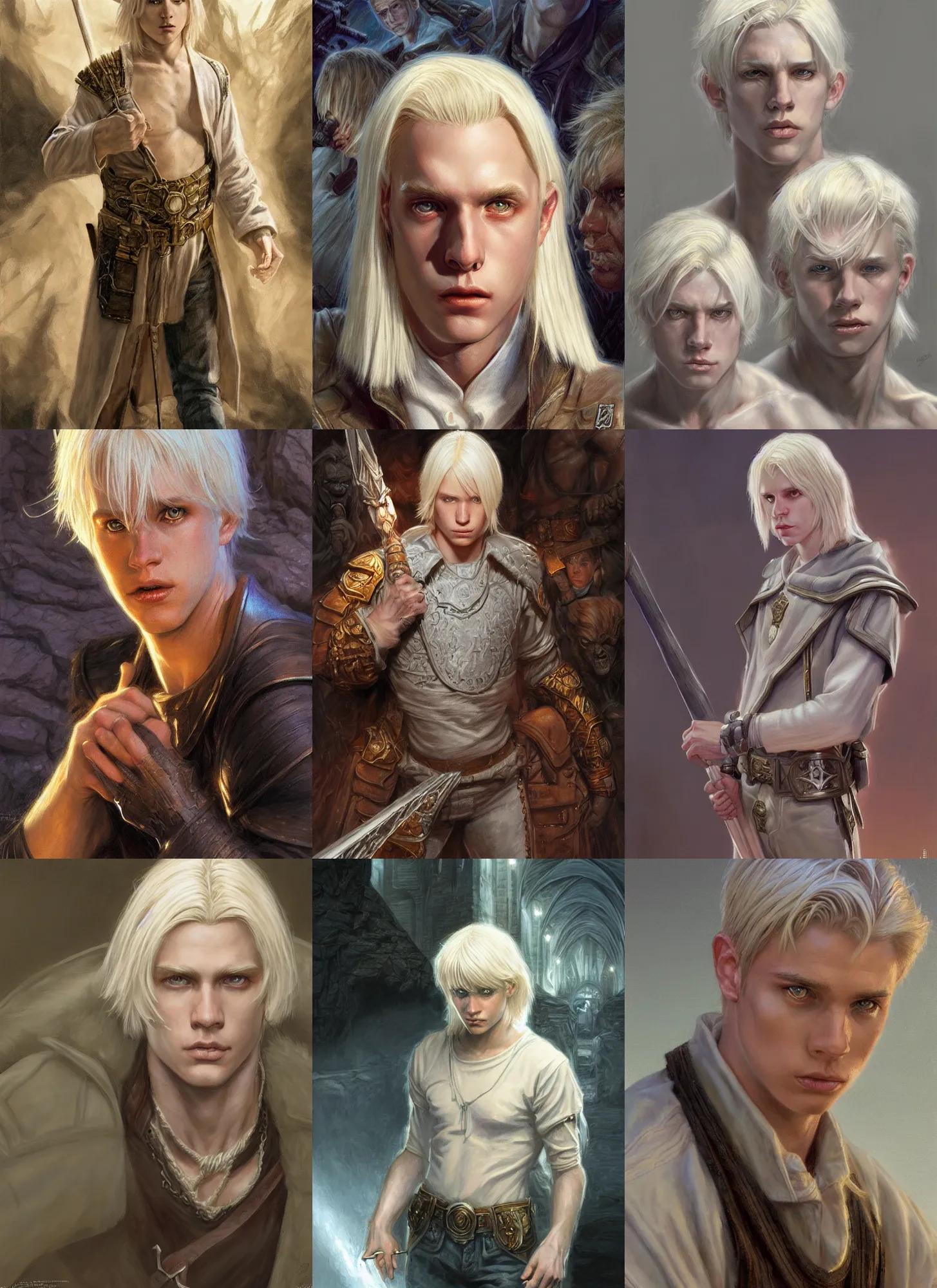 Prompt: a teenage white boy with platinum blonde hair, short to medium length hair, realistic, sorcerer, style by donato giancola, wayne reynolds, jeff easley dramatic light, high detail, cinematic lighting, artstation, dungeons and dragons