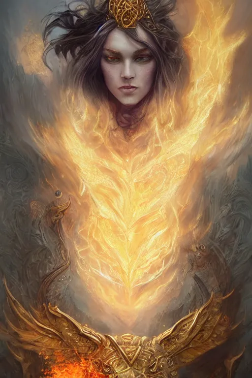 Image similar to front portrait of beautiful girl sorcerer looking up with fire and golden dragon skin, celtic rune tattoos, casting magic spell, angel, fantasy, magic the gathering, hyper detailed, 3 d render, hyper realistic detailed portrait, peter mohrbacher, wlop, ruan jia, luis royo