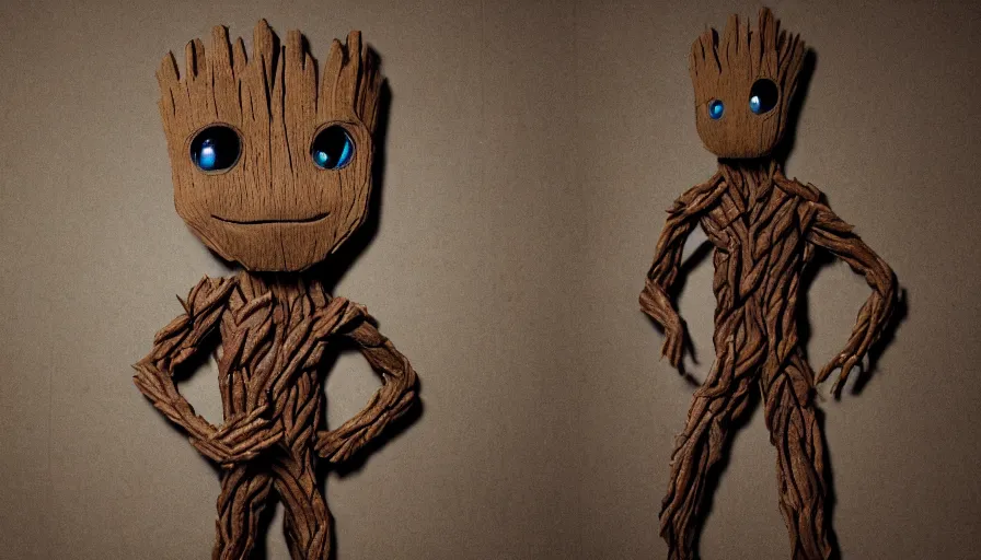 Image similar to realistic groot made of cardboard!! Cinematic, 8k, render, film still