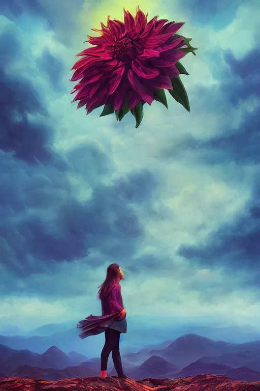 Image similar to closeup perspective, giant dahlia flower over the head, girl standing on mountain, surreal photography, blue storm clouds, dramatic light, impressionist painting, digital painting, artstation, simon stalenhag