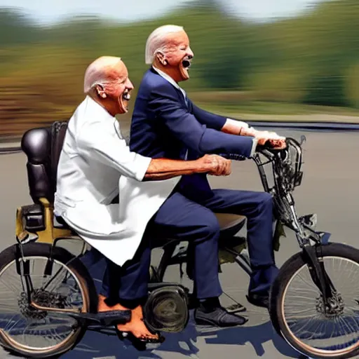 Image similar to joe biden and gandhi drunkenly riding two seater bike together, laughing and joking, photorealistic, detailed