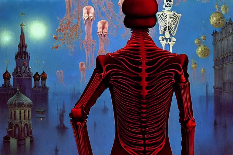 Prompt: realistic detailed photorealistic film portrait shot of a single skeleton wearing crimson velvet blazer in a crowded futuristic moscow street by Denis Villeneuve, Amano, Yves Tanguy, Alphonse Mucha, Ernst Haeckel, Andrei Tarkovsky, Edward Robert Hughes, Roger Dean, rich moody colours, slime, wide angle, blue eyes