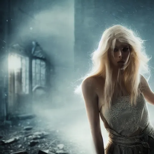 Image similar to beautiful blond sorceress girl casting a spell, in a destroyed city, moody lighting, 8 k, shallow depth of field, cinematic lighting,