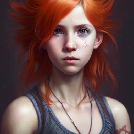 Image similar to portrait painting of a cute teenage girl with wild orange hair swept back wearing punk clothes, ultra realistic, concept art, intricate details, eerie, highly detailed, photorealistic, octane render, 8 k, unreal engine. art by artgerm and greg rutkowski and charlie bowater and magali villeneuve and alphonse mucha