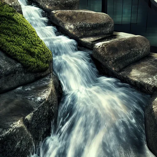 Image similar to a stairway of flowing water, hyperrealistic, 8 k, octane render, highly detailed, a real photographic, digital art, 8 k, realistic, ocatne render