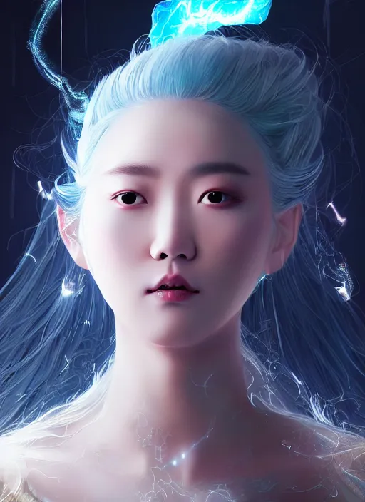 Prompt: close-up of character concept portrait of Korean Goddess from Kpop idol conjuring a violent void multiversal musical note, a floating iridescent lightning and thunder music from God of War in the center, intricate, elegant, digital painting, concept art, smooth, sharp focus, illustration, by WLOP and Ruan Jia and Mandy Jurgens and William-Adolphe Bouguereau, Artgerm