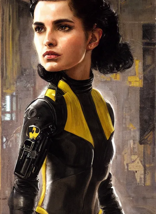 Prompt: Selina Kyle. beautiful cyberpunk female USN marine wearing a military vest and a black and yellow tactical jumpsuit (cyberpunk 2077, bladerunner 2049). gorgeous face. Iranian orientalist portrait by john william waterhouse and Edwin Longsden Long and Theodore Ralli and Nasreddine Dinet, oil on canvas. Cinematic, hyper realism, realistic proportions, dramatic lighting, high detail 4k