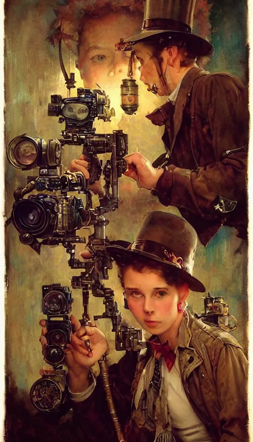 Image similar to hyper realistic photographer looking through camera towards viewer, magical, steampunk, painted by james gurney, norman rockwell, tom bagshaw, mucha, gaston bussiere, craig mullins, j. c. leyendecker 8 k