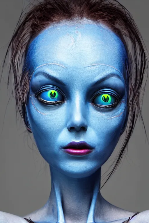 Image similar to beautiful portrait of a blue alien woman with 4 insect eyes, wearing an outfit made from plutonium, silicone skin, symmetrical face, piercings resembling plasma jets, the 5 th element, cinematrographic, elegant, soft shapes, sharp details, 3 5 mm, f / 2 4