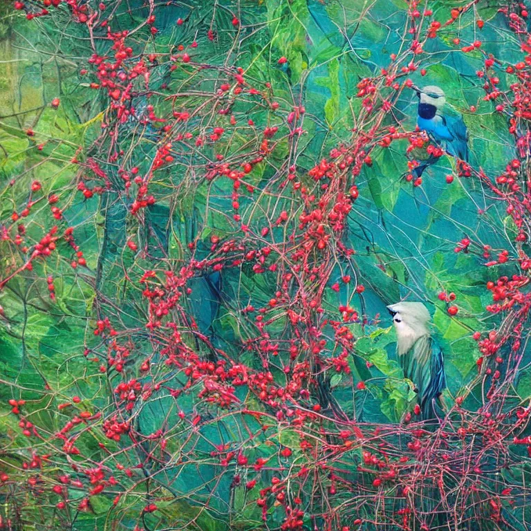 Image similar to human with the sea and the forest inside, veins diverge through the body like rivers filmed on a satellite, a person is decorated with wild berries, a beautiful bird is looking at him next, colorful picture