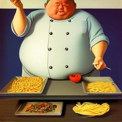 Prompt: a very fat chef offers you pasta by Raphael, Hopper, and Rene Magritte. detailed, romantic, enchanting, trending on artstation.