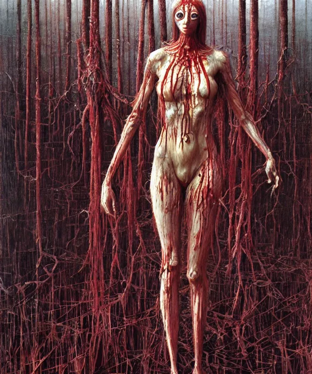 Image similar to a detailed mantiswoman stands among the swamps. wearing a ripped mantle, robe. perfect faces, extremely high details, realistic, fantasy art, solo, masterpiece, art by hermann nitsch, zdzislaw beksinski, dariusz zawadzki, giger, dragan bibin