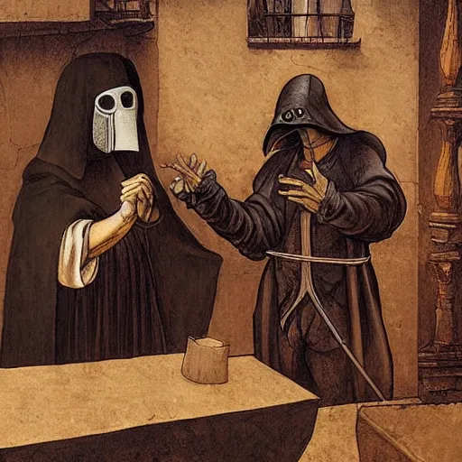 Prompt: leonardo davinci and a plague doctor hosting a podcast, intricate, highly detailed, comic book and renaissance art style, 4 k, concept art, table with microphones