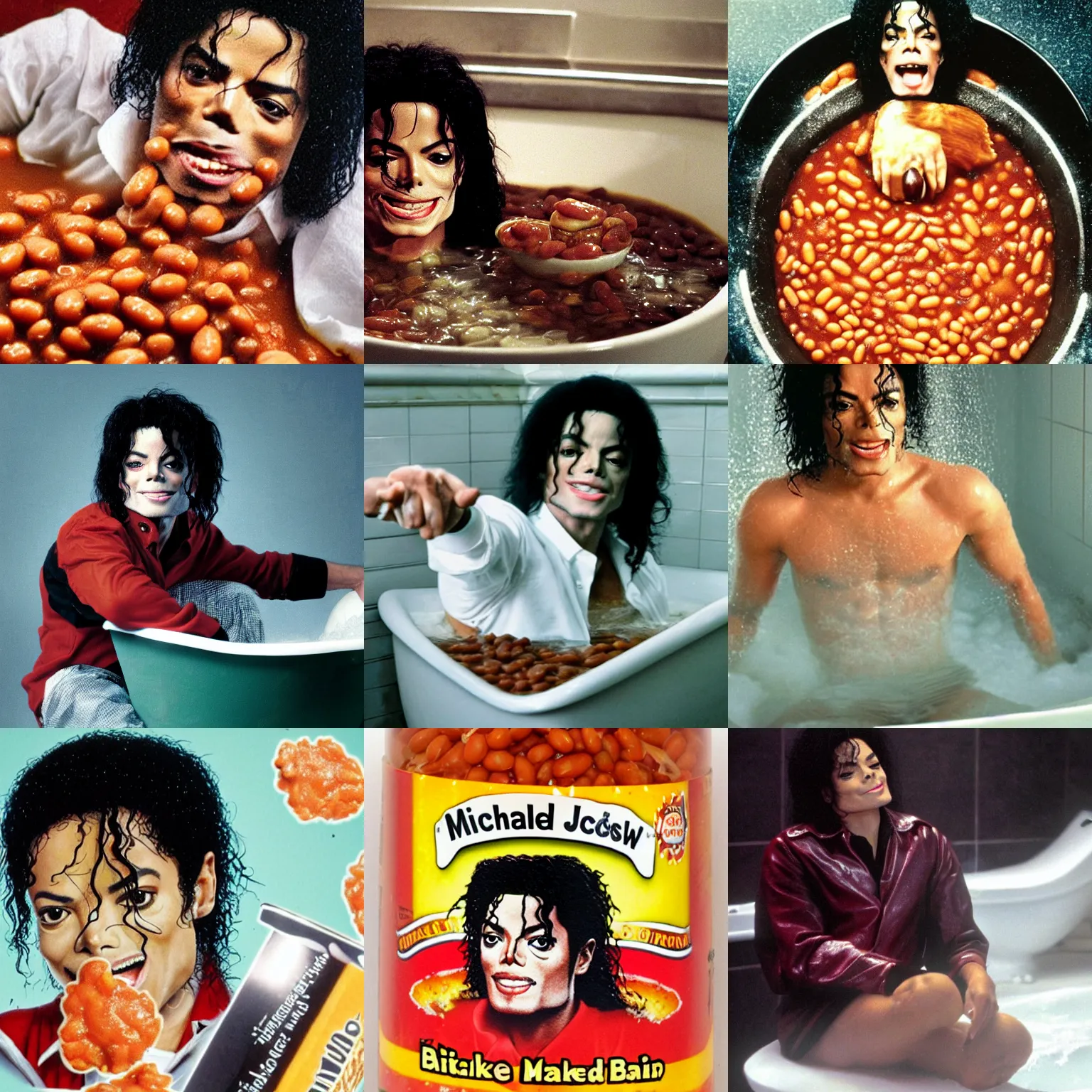 Prompt: michael jackson in a bath full of baked beans