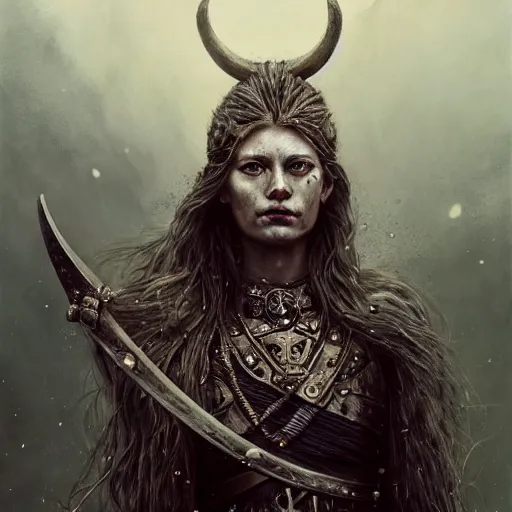 Image similar to Official photo of a majestic fierce viking woman, leader, ethereal, fear, scarred, highly detailed, viking attire, cinematic, 16k, 1080s, by Stanley Artgermm, Tom Bagshaw, Greg Rutkowski, Vincent di Fate, Carne Griffiths, Ayami Kojima, WLOP, trending on DeviantArt, hyper detailed, full of color, digital art,