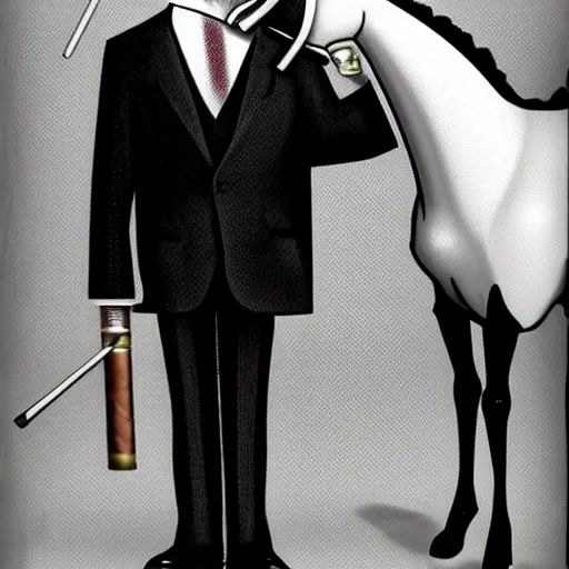 Image similar to an antropomorphic horse wearing a suit smoking a cigar