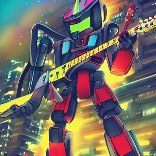 Image similar to A cell animation of a robot shredding a guitar solo in a futuristic city street, macross, gundam, ghibli style, illustration, anime, trending on artstaion