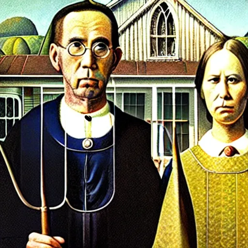 Image similar to american gothic painting with nicolas cage