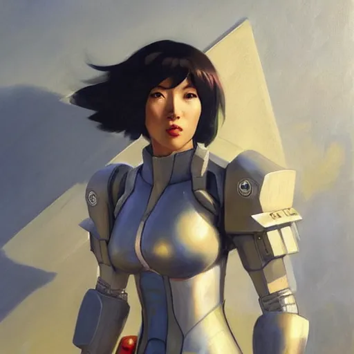 Image similar to greg manchess portrait painting of partially armored motoko kusanagi as overwatch character, medium shot, asymmetrical, profile picture, organic painting, sunny day, matte painting, bold shapes, hard edges, street art, trending on artstation, by huang guangjian, gil elvgren, ruan jia, greg rutkowski, gaston bussiere