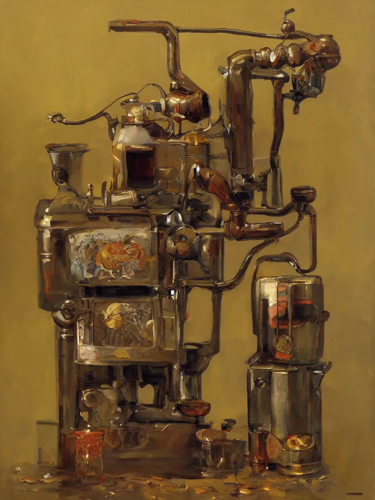 Image similar to oil painting of an ancient coffee machine, by Simon Stalenhaag, by Yoshita Amano, by Esao Andrews, sharp focus, fresh colors, conceptart, trending on artstation