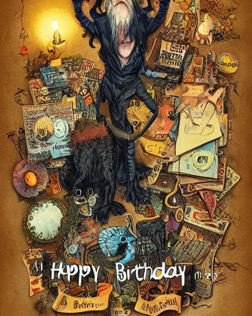 Image similar to happy birthday postcard in a style of Neil Gaiman book, trending on artstation, 8k, highly detailed