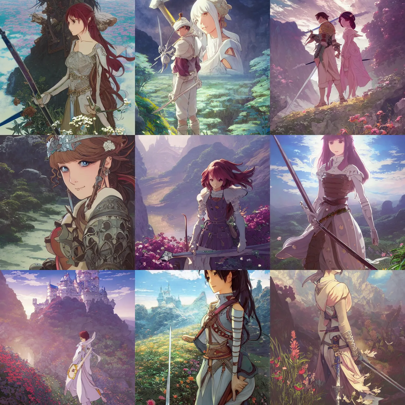 Image similar to the knight and the sword of rose petal, anime, castle core, mountains, rocky roads. by hayao miyazaki and rossdraws and artgerm and greg rutkowski and alphonse mucha and studio ghibli and ilya kuvshinov. high quality, stunning, intricate detailed environment. 8 k