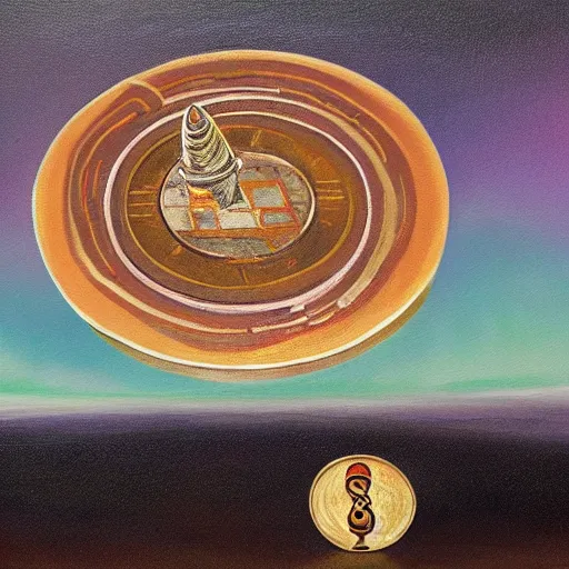 Image similar to a painting of a giant coin connected to a rocket shooting towards the moon