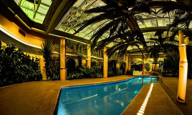 Image similar to indoor pool with ferns and palm trees at night, shops, pool tubes, chromatic abberation, dramatic lighting, dim lighting, horror lighting, depth of field, 80s photo, wideangle, fisheye