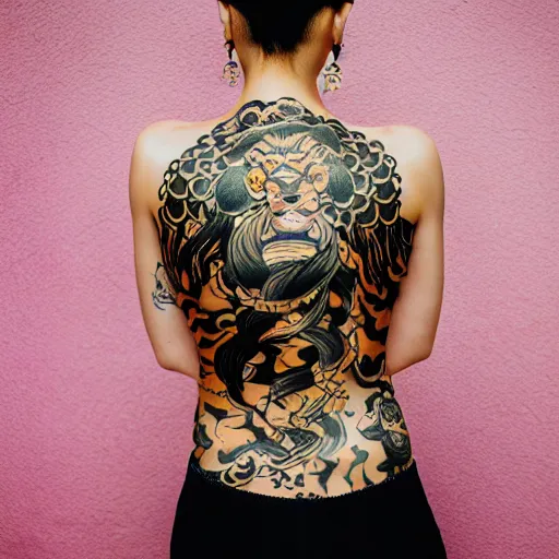 Image similar to photography of the back of a woman with a black detailed irezumi tatto representing a gold tiger with pink flowers on her entire back, dark hangar background, mid-shot, editorial photography