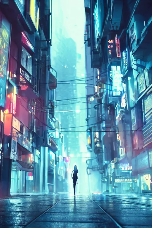 Image similar to a street level, low angle, closeup photograph of a woman with robotic prosthetics in a clear, transparent raincoat, in a futuristic, blade runner city with heavy atmosphere. Volumetric light. Rainfall. Dystopic. Evening, neon lights. 8k. Filmic. Highly detailed. Octane render.