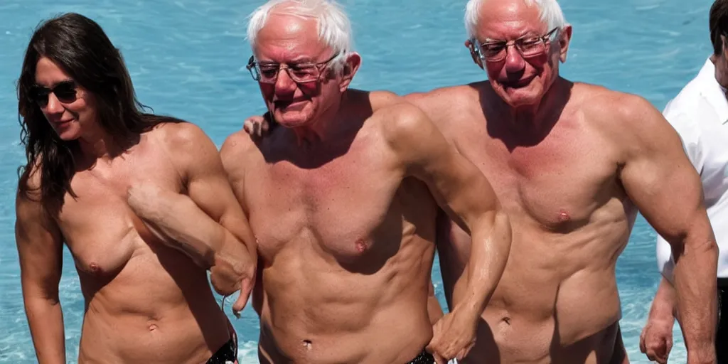 Prompt: muscular, bernie sanders, bikini