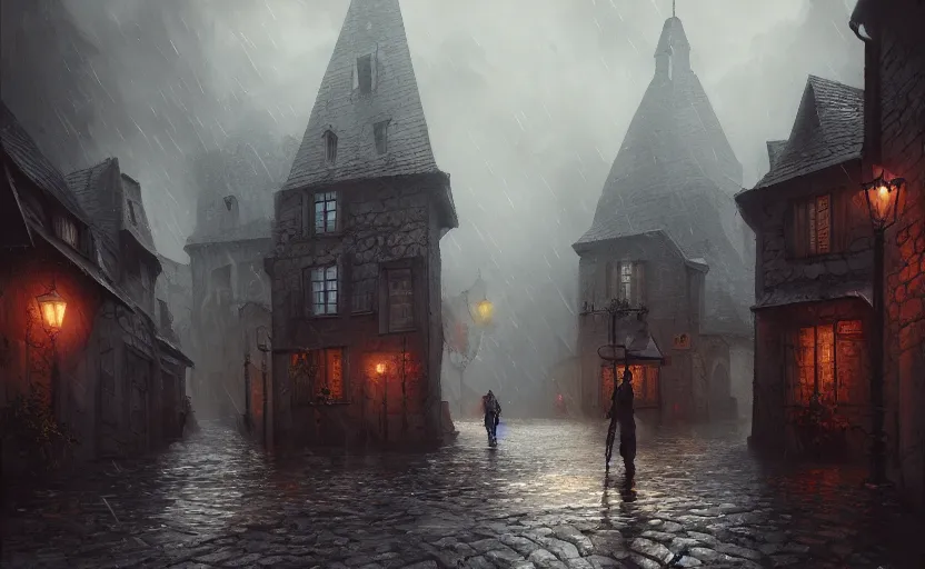 Prompt: extreme long shot concept art depicted rainy old french village, high details, dramatic mood, deep environment, art by legends of runeterra and tomasz jedruszek and gabor szikszai, trending on artstation, unreal engine, 8 k, 4 k